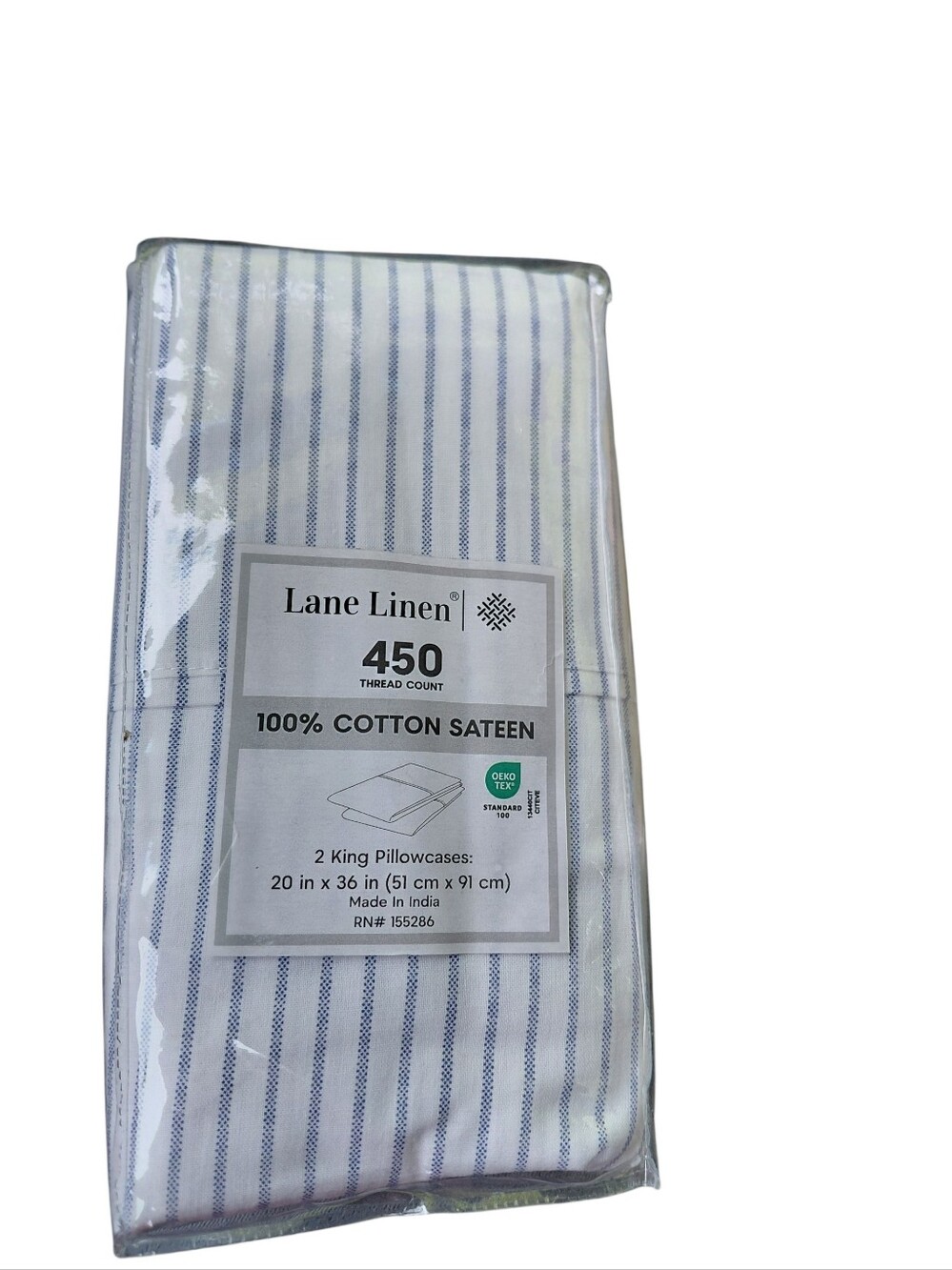 Lane Linen Cotton Sateen King (2) Pillowcases  White with Blue  New In Package3